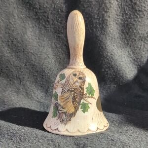 Vtg TIC USA Treasure Craft Ceramic Owl Bell Hand Painted Brown Beige 6" H